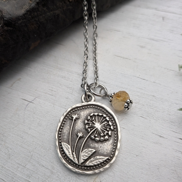 Handmade Jewelry - Silver Toned Dandelion Flower Pendant Necklace with Yellow Gemstone